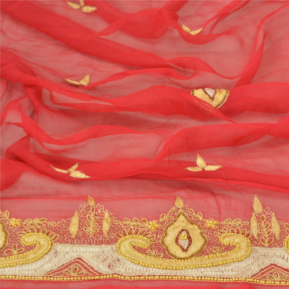 Санскрити Винтаж Дупатта Длинный Палантин Чистый Шелковый Шифон Красная Ручная Расшитая Бисером Фата