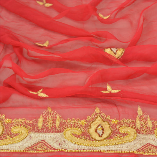 Sanskriti Vintage Dupatta Long Stole Pure Chiffon Silk Red Hand Beaded Wrap Veil