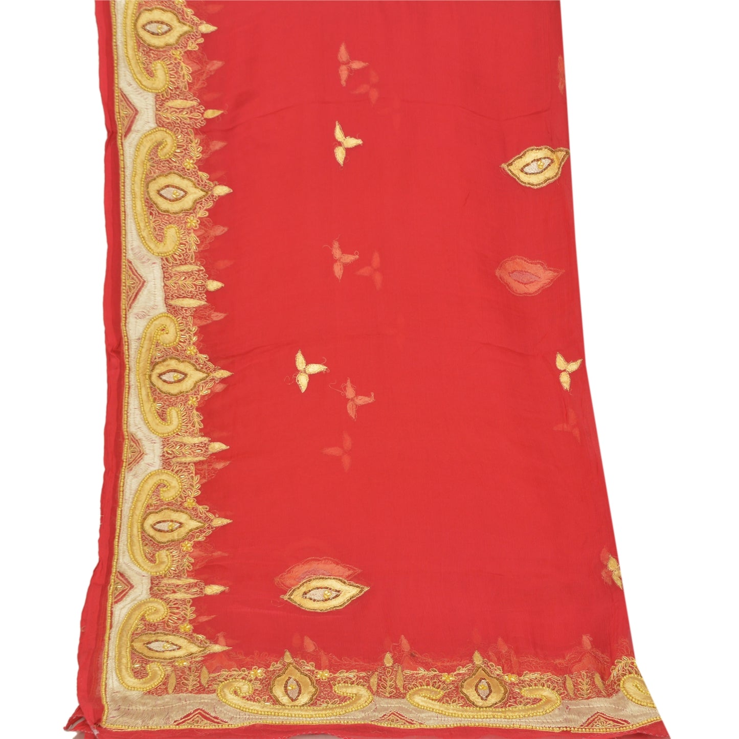 Санскрити Винтаж Дупатта Длинный Палантин Чистый Шелковый Шифон Красная Ручная Расшитая Бисером Фата