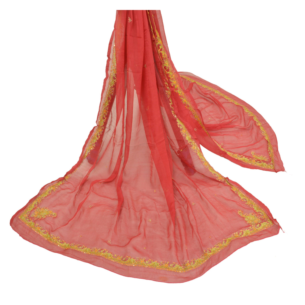 Sanskriti Vintage Dupatta Long Stole Pure Chiffon Silk Red Hand Beaded Veil