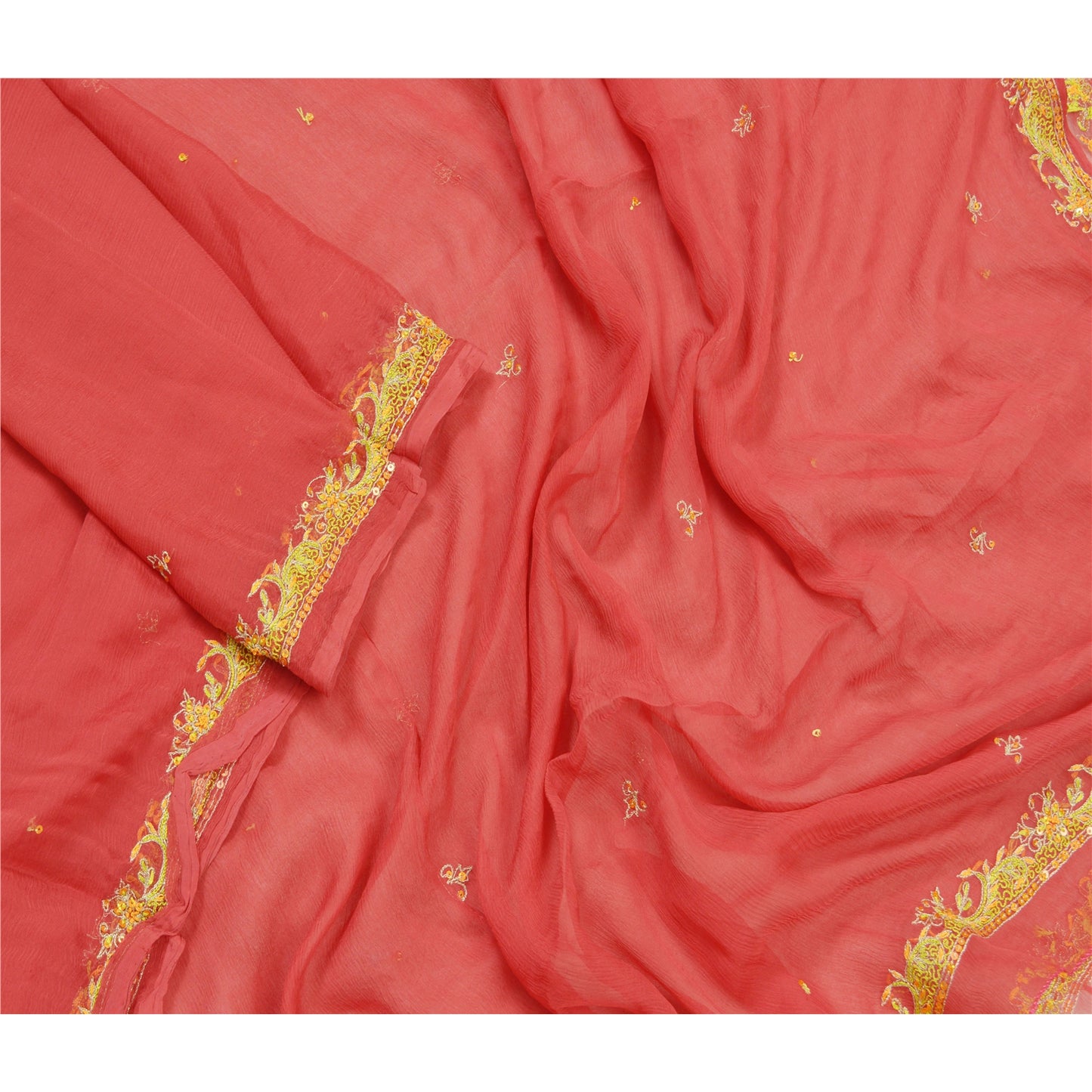 Санскрити Винтаж Дупатта Длинный Палантин Чистый Шелковый Шифон Красная Фата Расшитая Бисером Ручной Работы