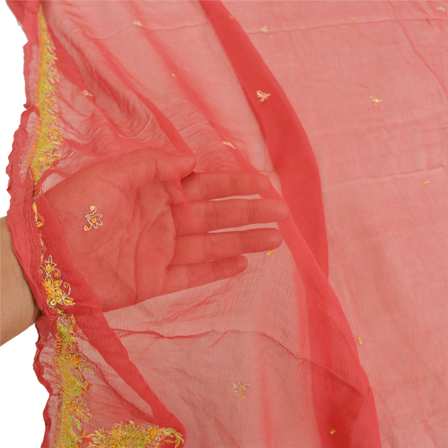 Санскрити Винтаж Дупатта Длинный Палантин Чистый Шелковый Шифон Красная Фата Расшитая Бисером Ручной Работы