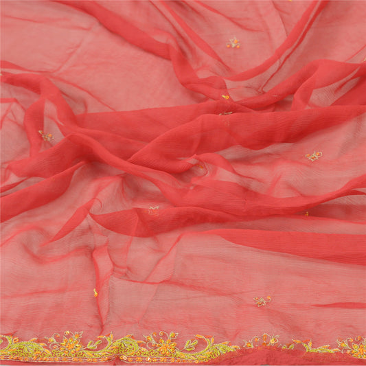 Sanskriti Vintage Dupatta Long Stole Pure Chiffon Silk Red Hand Beaded Veil
