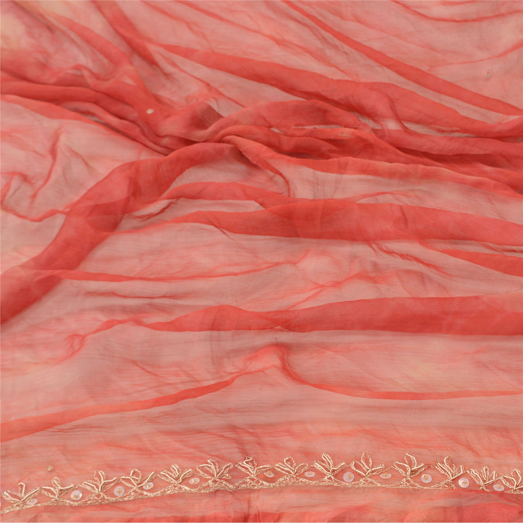 Sanskriti Vintage Dupatta Long Stole Pure Chiffon Silk Red Hand Beaded Tie-Dye