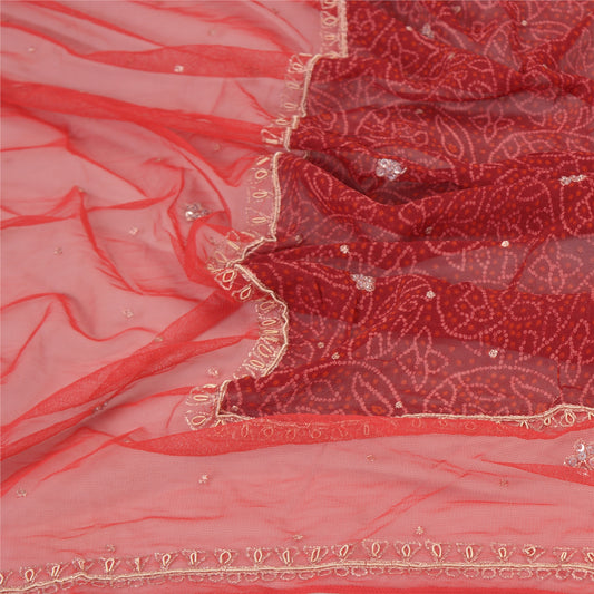 Sanskriti Vintage Dupatta Long Stole Net Mesh Red Hand Beaded Zardozi Scarves