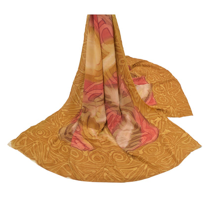 Sanskriti Vintage Dupatta Long Stole Crepe Silk Mustard Soft Printed Scarves