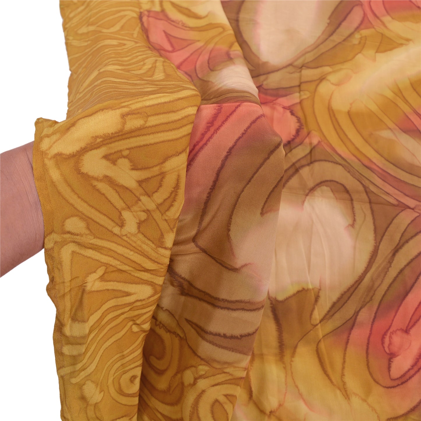 Sanskriti Vintage Dupatta Long Stole Crepe Silk Mustard Soft Printed Scarves