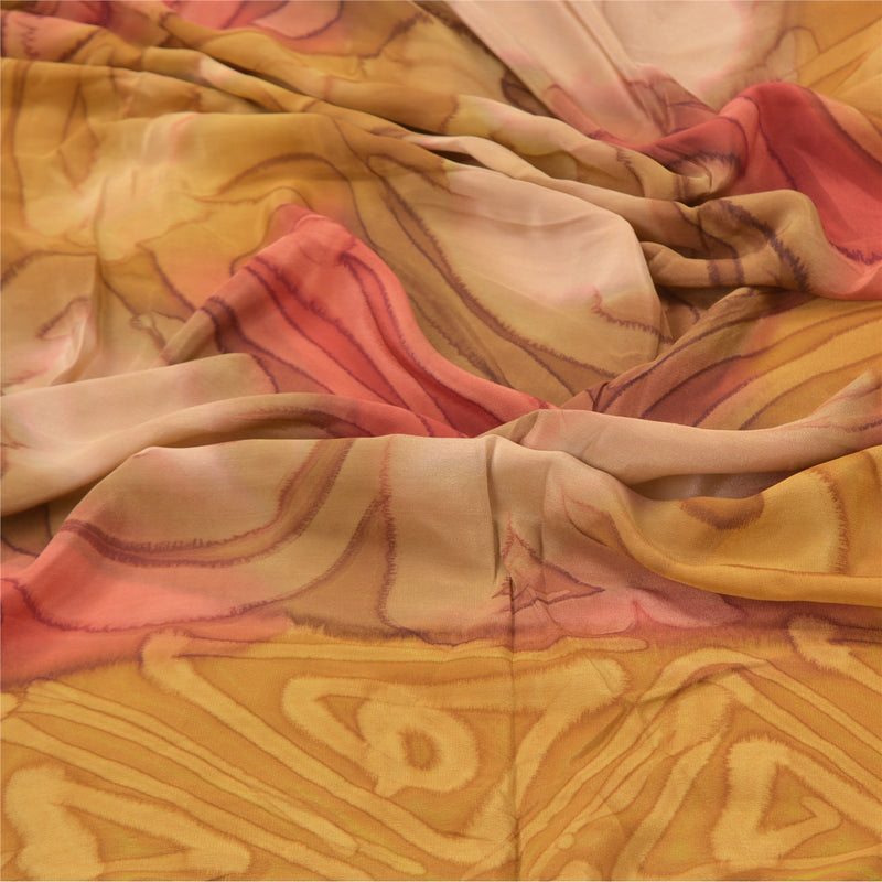 Sanskriti Vintage Dupatta Long Stole Crepe Silk Mustard Soft Abstract Print Veil
