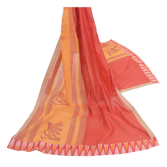 Sanskriti Vintage Dupatta Long Stole Cotton Saffron Block Print & Ikat Hijab