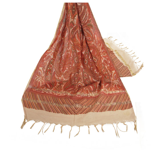 Sanskriti Vintage Dupatta Long Stole Chanderi Cream Printed Wrap Scarves