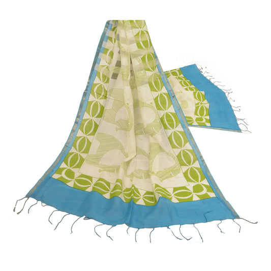 Sanskriti Vintage Dupatta Long Stole Cotton White Animal Printed Wrap Scarves