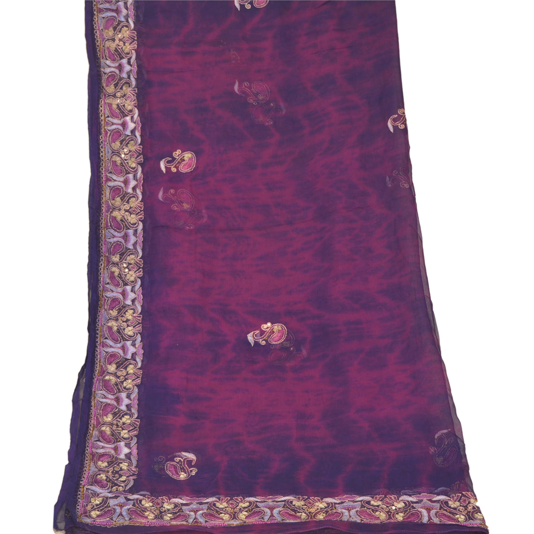 Sanskriti Vintage Dupatta Long Stole Pure Chiffon Silk Purple Handmade Tie- Dye
