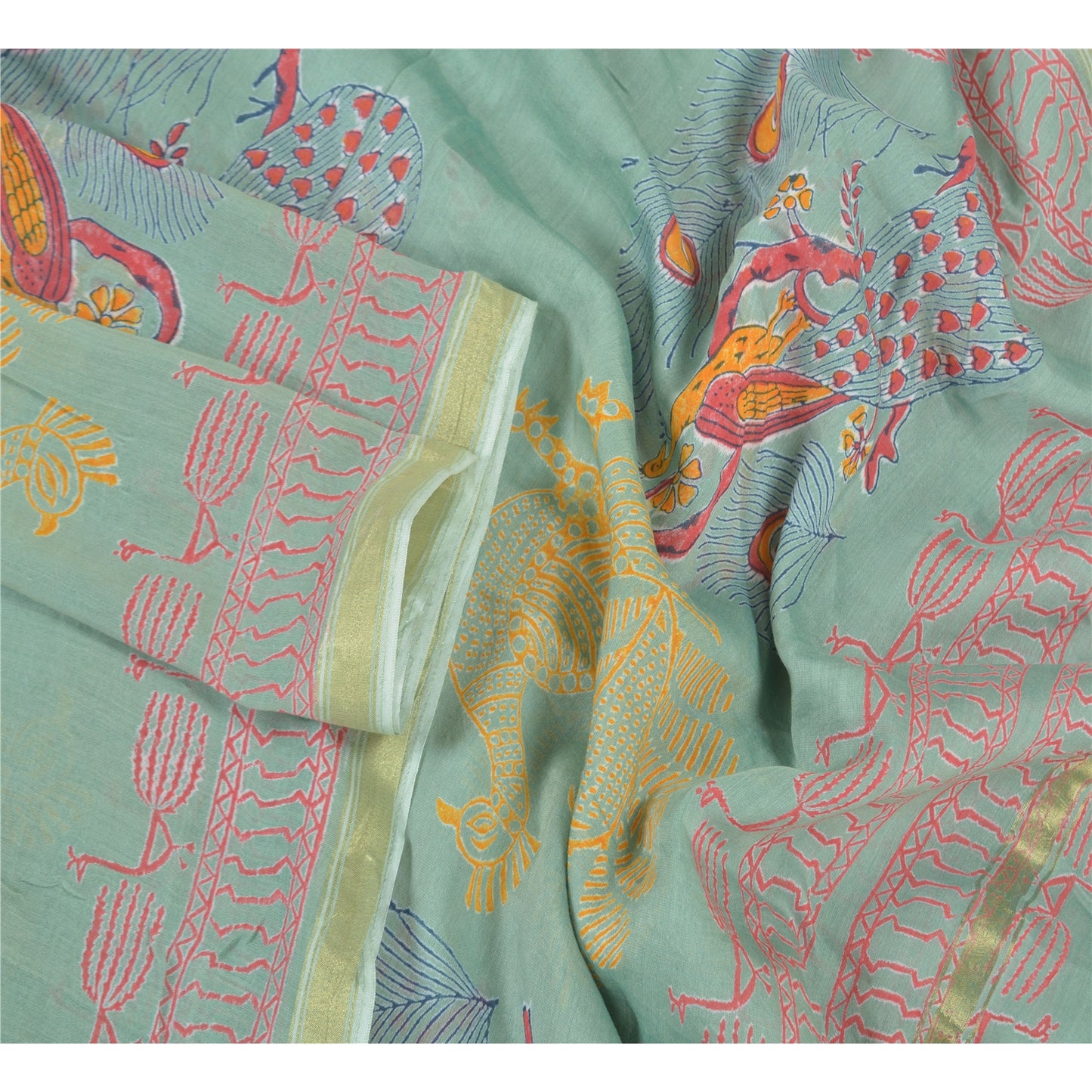 Sanskriti Vintage Dupatta Long Stole Cotton Green Printed Peacock Wrap Scarves