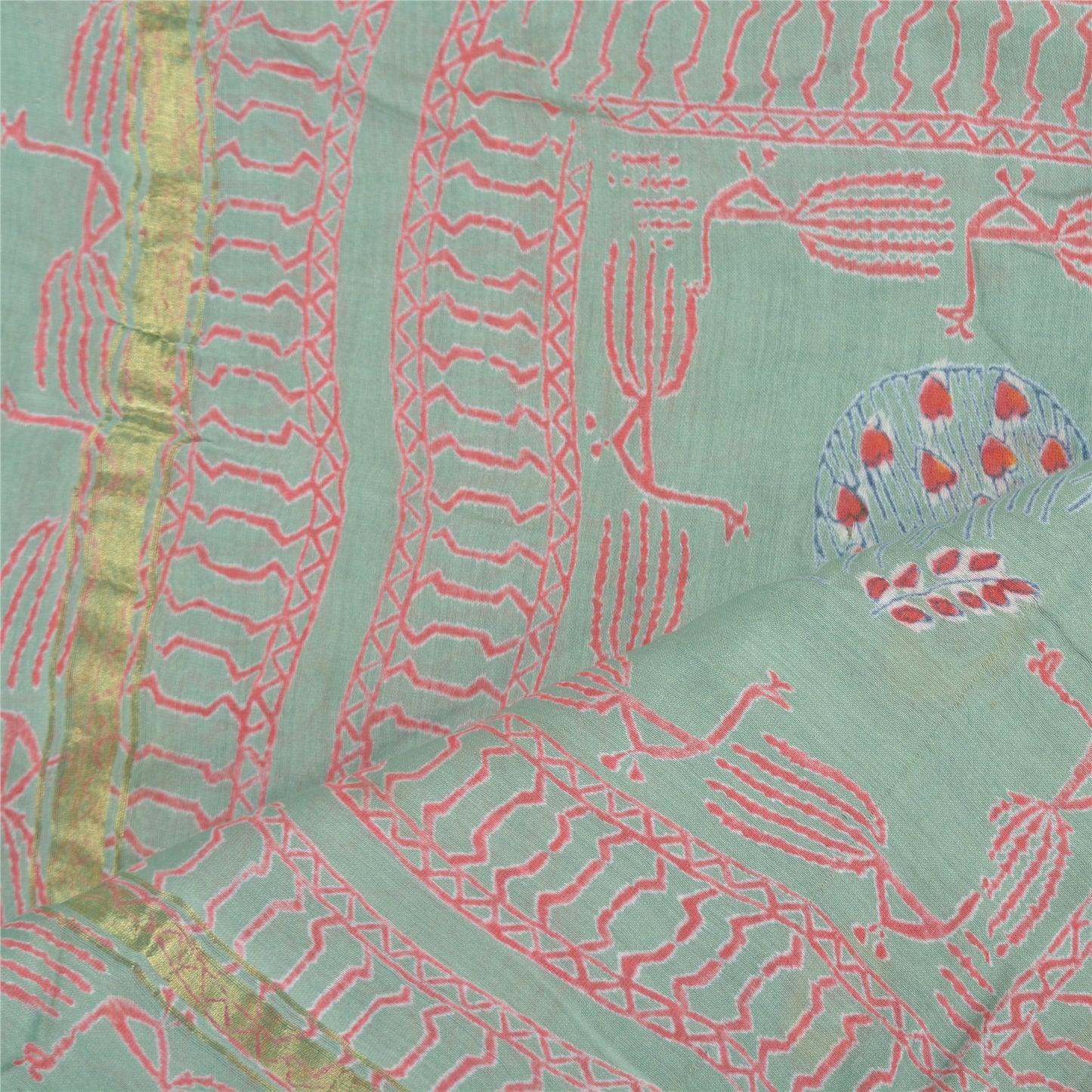 Sanskriti Vintage Dupatta Long Stole Cotton Green Printed Peacock Wrap Scarves