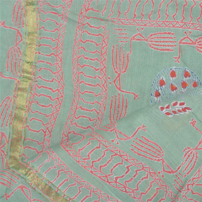 Sanskriti Vintage Dupatta Long Stole Cotton Green Printed Peacock Wrap Scarves