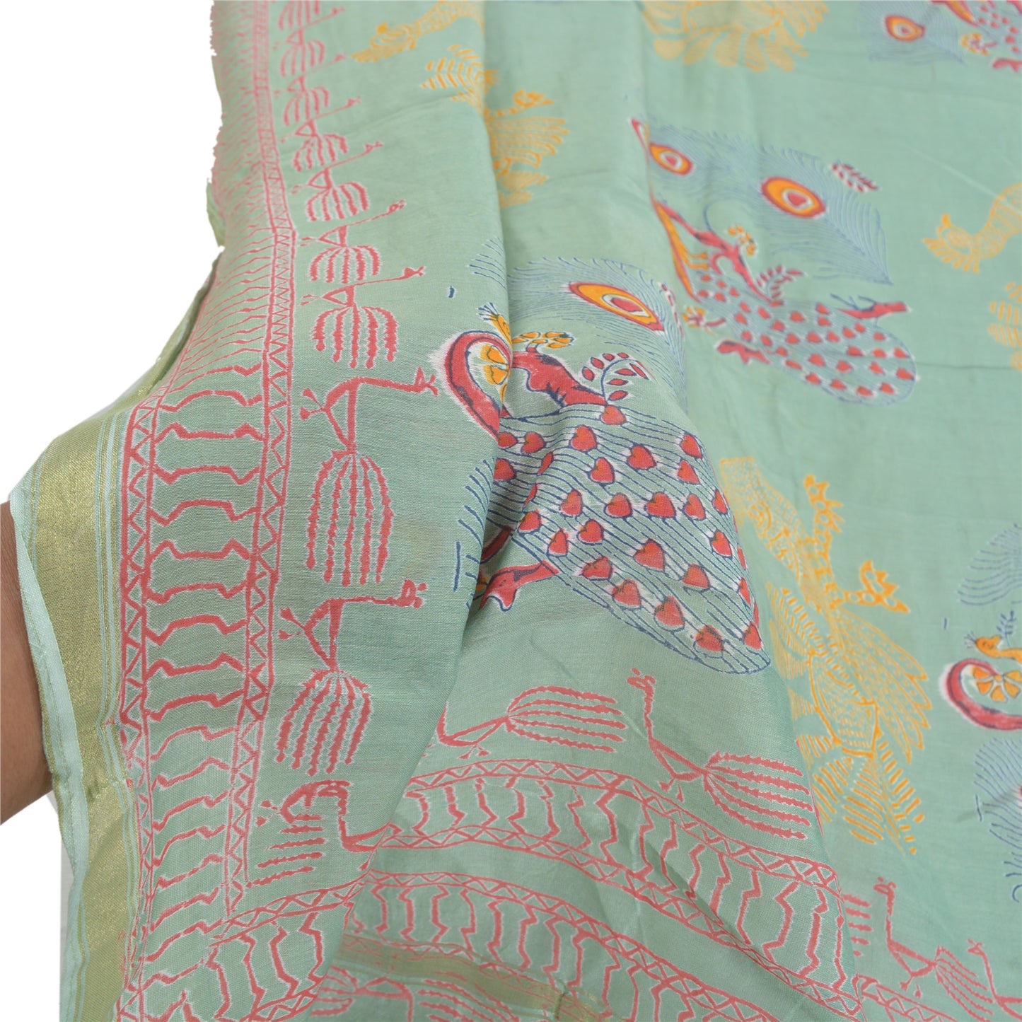 Sanskriti Vintage Dupatta Long Stole Cotton Green Printed Peacock Wrap Scarves