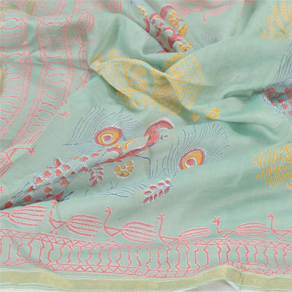Sanskriti Vintage Dupatta Long Stole Cotton Green Printed Peacock Wrap Scarves