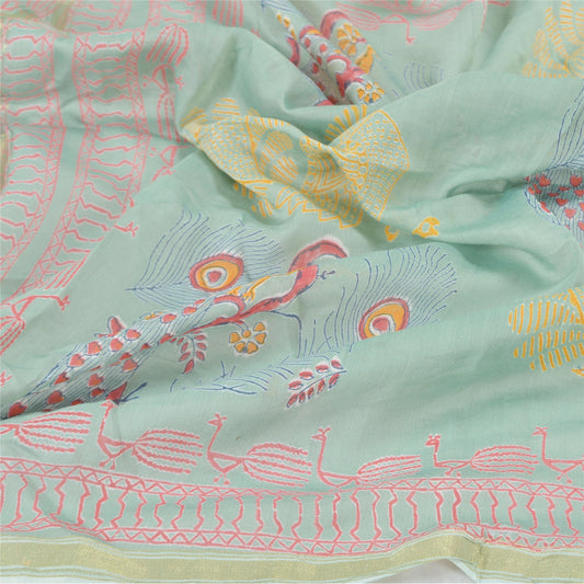Sanskriti Vintage Dupatta Long Stole Cotton Green Printed Peacock Wrap Scarves