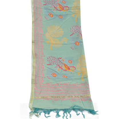 Sanskriti Vintage Dupatta Long Stole Cotton Green Printed Peacock Wrap Scarves