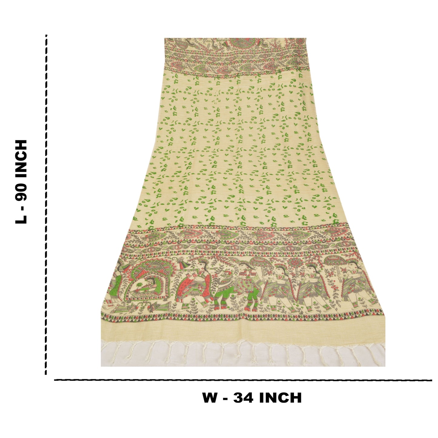 Sanskriti Vintage Dupatta Long Stole Cotton Cream Madhubani Printed Hijab/Shawl