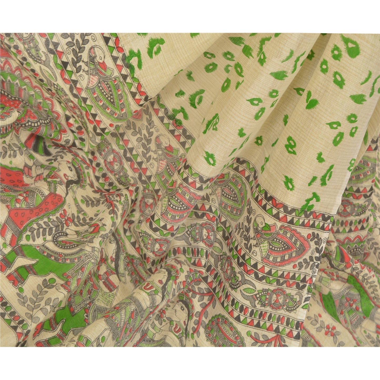 Sanskriti Vintage Dupatta Long Stole Cotton Cream Madhubani Printed Hijab/Shawl