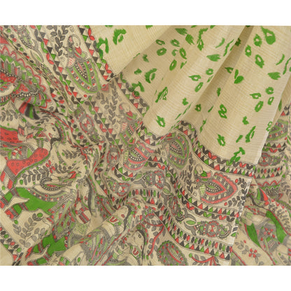 Sanskriti Vintage Dupatta Long Stole Cotton Cream Madhubani Printed Hijab/Shawl
