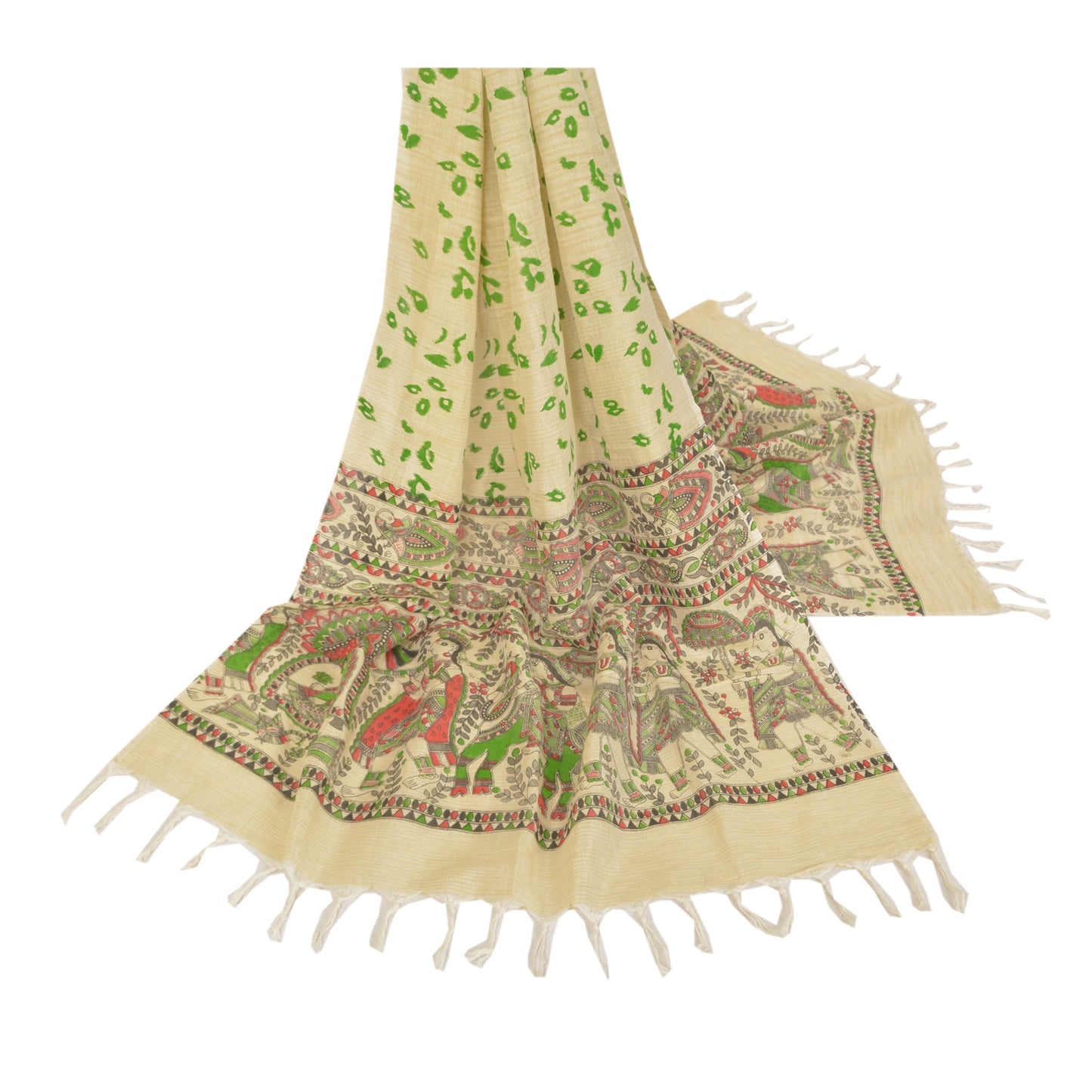 Sanskriti Vintage Dupatta Long Stole Cotton Cream Madhubani Printed Hijab/Shawl