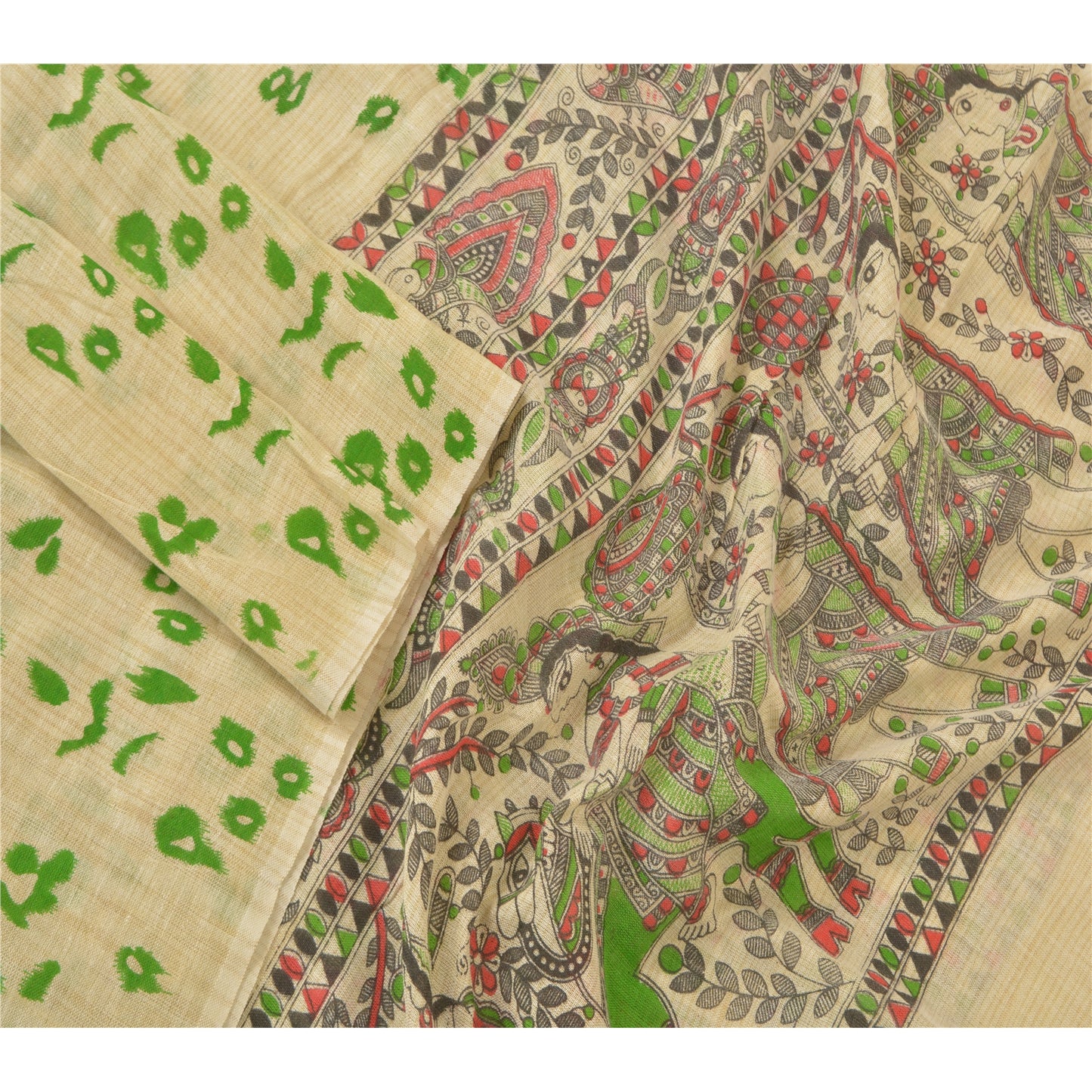 Sanskriti Vintage Dupatta Long Stole Cotton Cream Madhubani Printed Hijab/Shawl