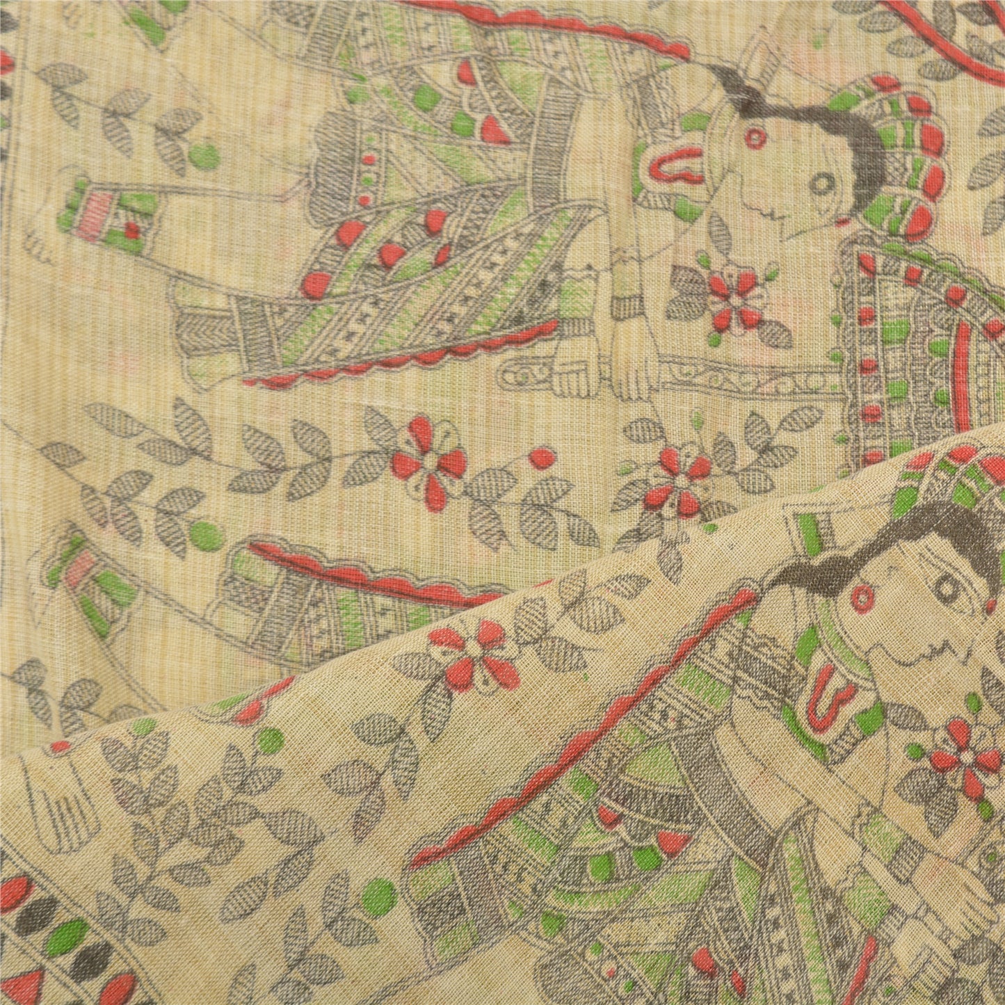 Sanskriti Vintage Dupatta Long Stole Cotton Cream Madhubani Printed Hijab/Shawl