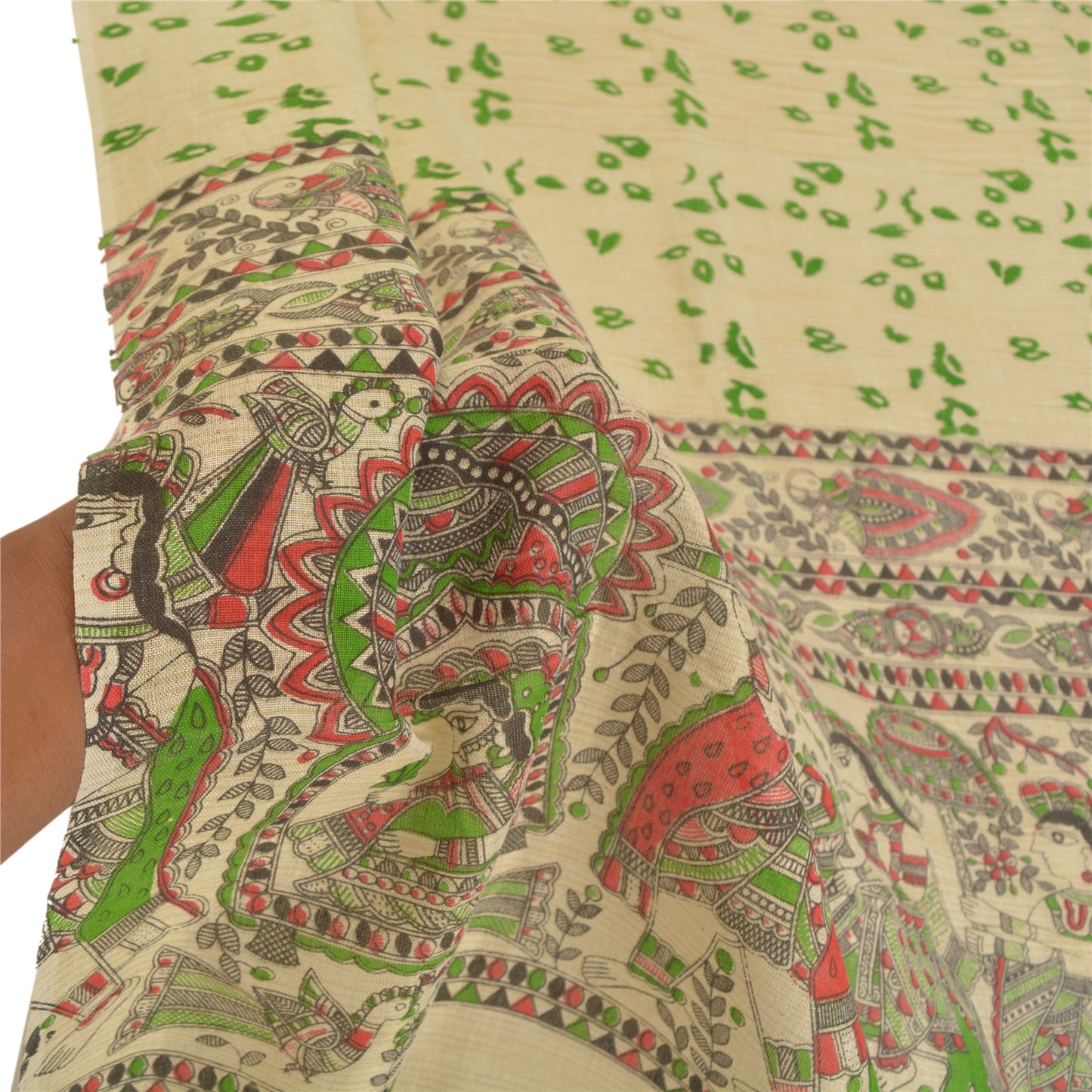 Sanskriti Vintage Dupatta Long Stole Cotton Cream Madhubani Printed Hijab/Shawl