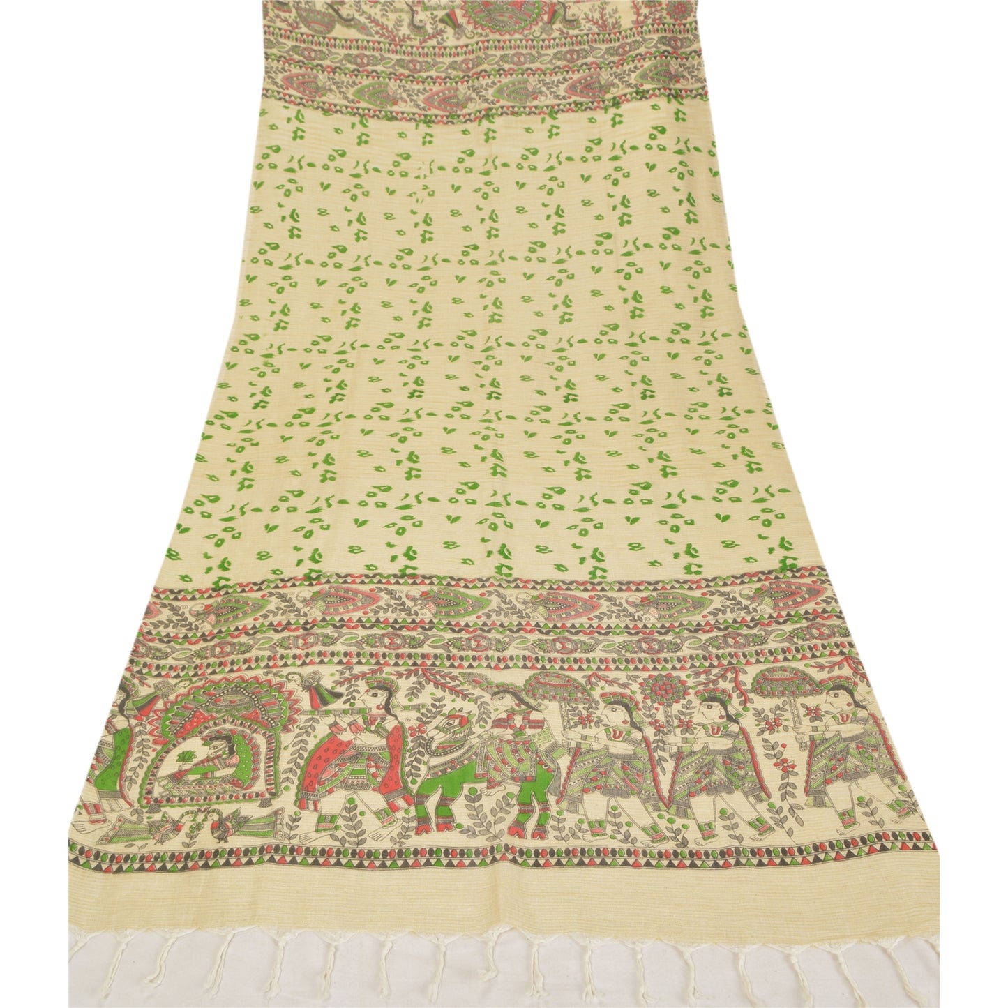 Sanskriti Vintage Dupatta Long Stole Cotton Cream Madhubani Printed Hijab/Shawl