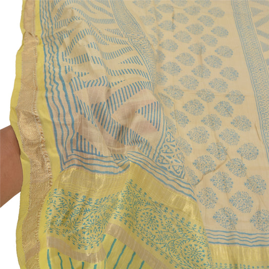 Sanskriti Vintage Dupatta Long Stole Chanderi Cream Block Printed Wrap Scarves