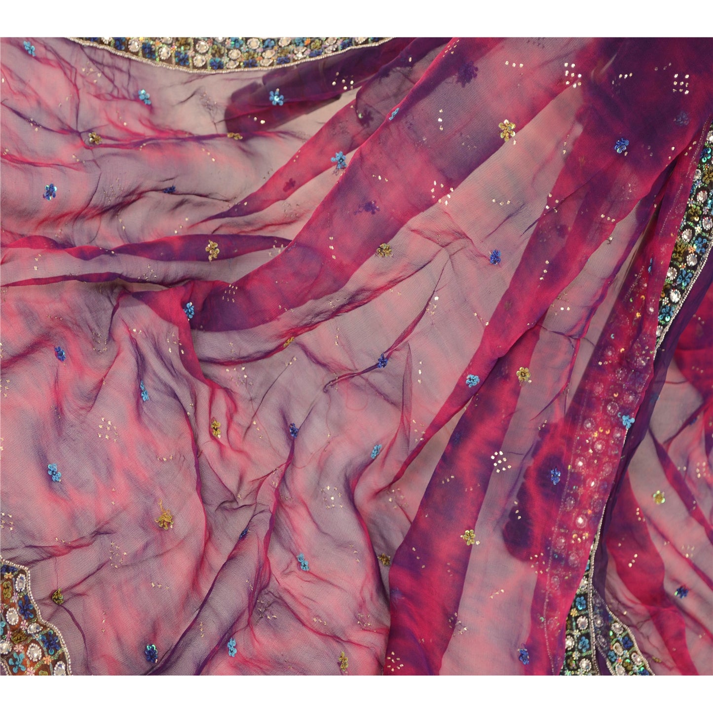Sanskriti Vintage Dupatta Long Stole Purple Pure Chiffon Silk Veil Hand Beaded Tie-Dye Veil Crafting, Upcycling, Recycling, Dress Making