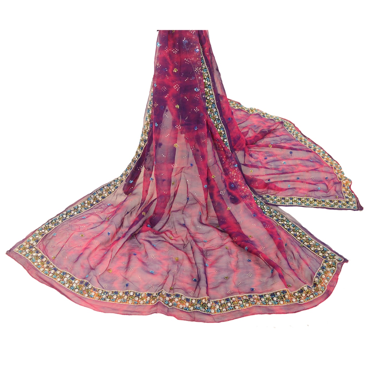 Sanskriti Vintage Dupatta Long Stole Purple Pure Chiffon Silk Veil Hand Beaded Tie-Dye Veil Crafting, Upcycling, Recycling, Dress Making