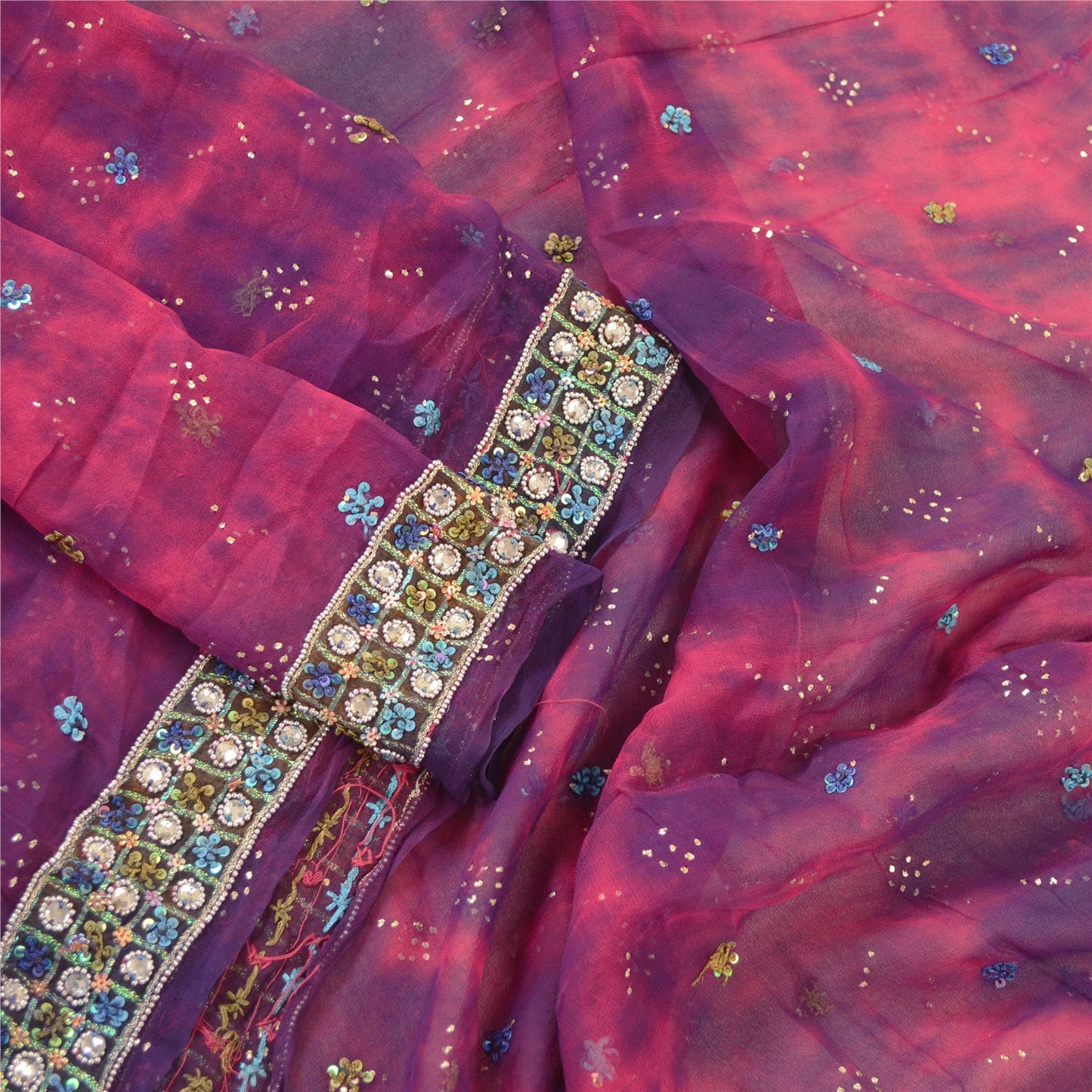 Sanskriti Vintage Dupatta Long Stole Purple Pure Chiffon Silk Veil Hand Beaded Tie-Dye Veil Crafting, Upcycling, Recycling, Dress Making