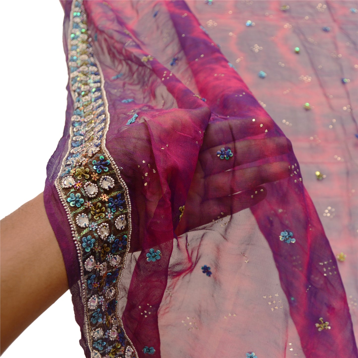 Sanskriti Vintage Dupatta Long Stole Purple Pure Chiffon Silk Veil Hand Beaded Tie-Dye Veil Crafting, Upcycling, Recycling, Dress Making