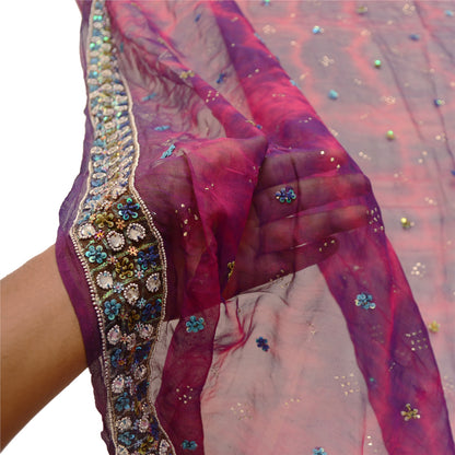 Sanskriti Vintage Dupatta Long Stole Purple Pure Chiffon Silk Veil Hand Beaded Tie-Dye Veil Crafting, Upcycling, Recycling, Dress Making