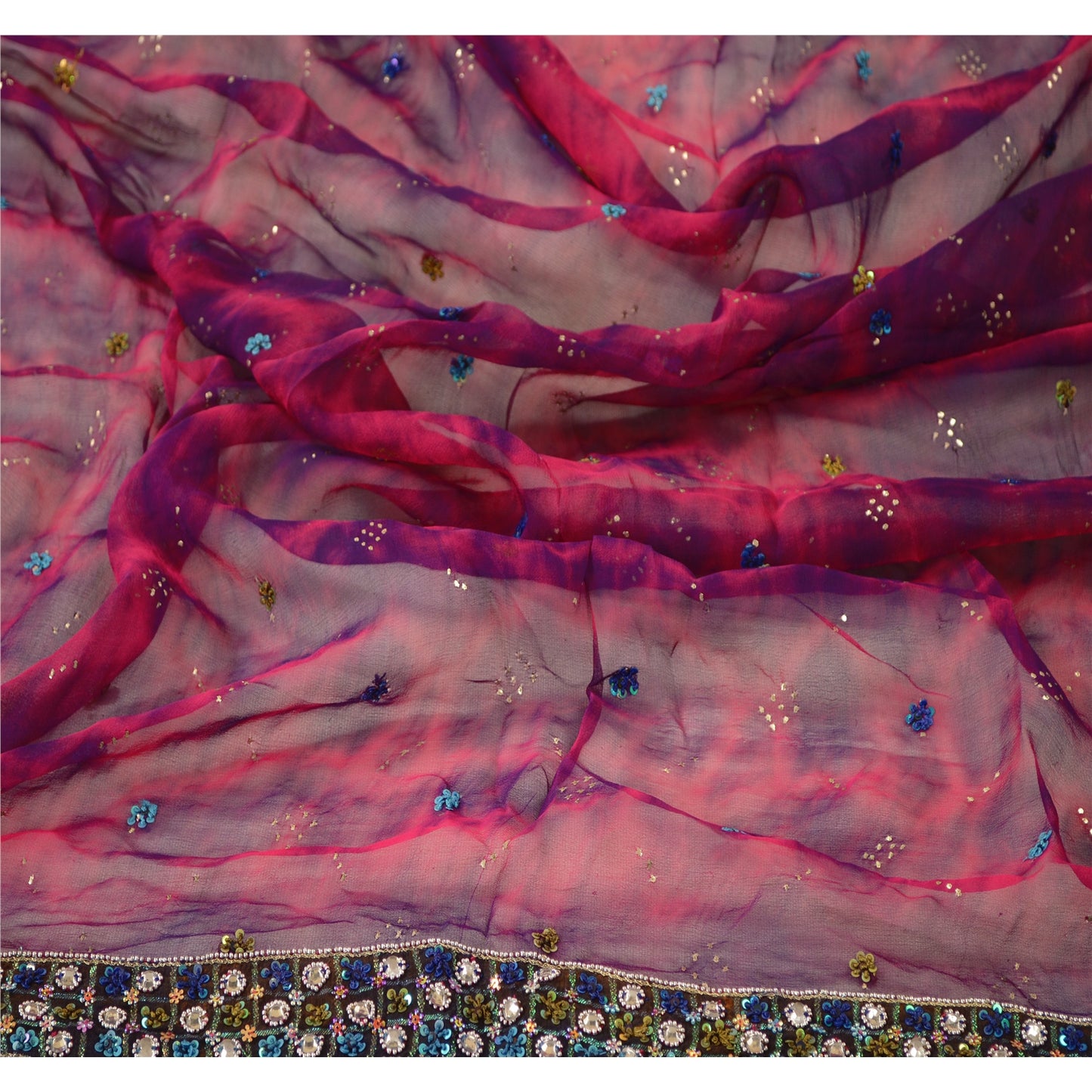Sanskriti Vintage Dupatta Long Stole Purple Pure Chiffon Silk Veil Hand Beaded Tie-Dye Veil Crafting, Upcycling, Recycling, Dress Making