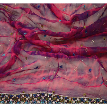 Sanskriti Vintage Dupatta Long Stole Purple Pure Chiffon Silk Veil Hand Beaded Tie-Dye Veil Crafting, Upcycling, Recycling, Dress Making