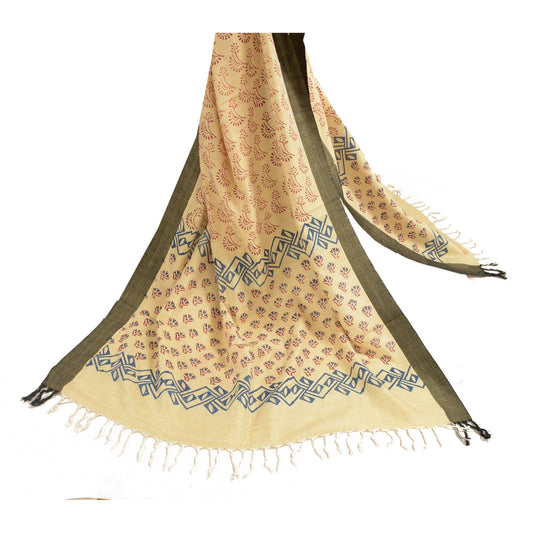 Sanskriti Vintage Dupatta Long Stole Cotton Ivory Block Printed Floral Scarves