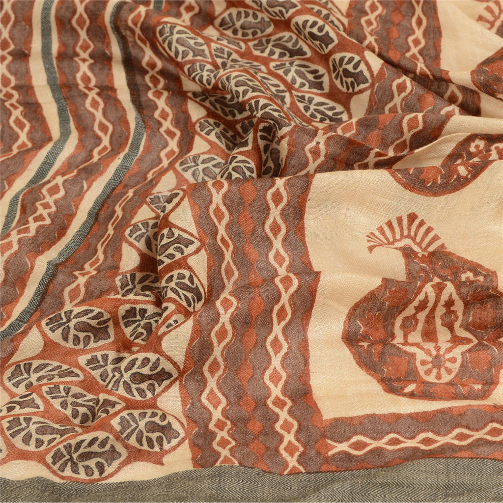 Sanskriti Vintage Dupatta Lange Stole Uld Elfenbensprintede Bløde Tørklæder