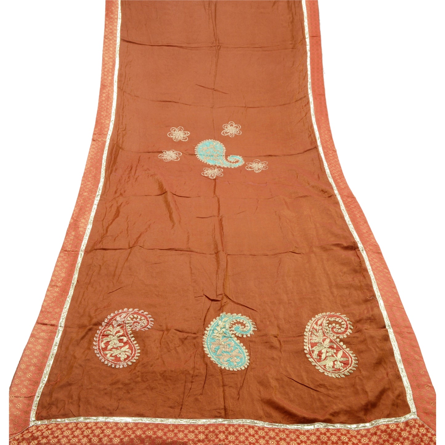 Sanskriti Vintage Dupatta Long Stole Cotton Rusty Orange Embroidered Wrap Hijab