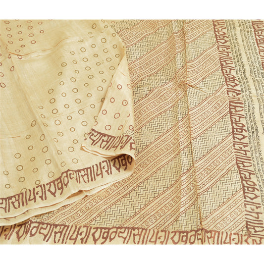 Sanskriti Vintage Dupatta Long Stole Pure Silk Ivory Hijab Printed Scarves