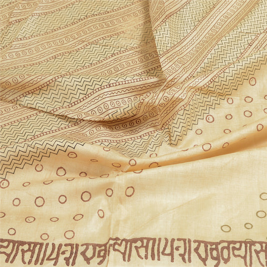 Sanskriti Vintage Dupatta Long Stole Pure Silk Ivory Hijab Printed Scarves