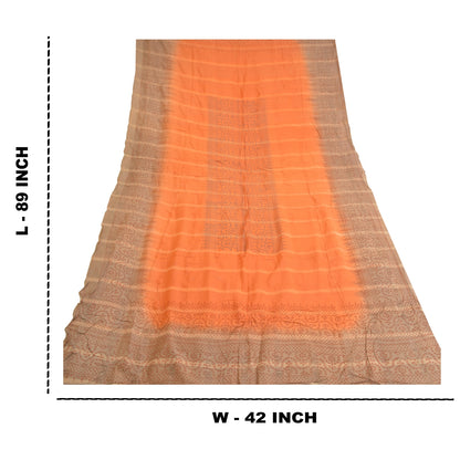 Sanskriti Vintage Dupatta Long Stole Pure Silk Orange Veil Block Printed Hijab