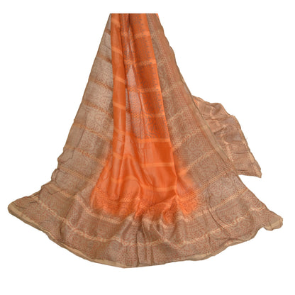 Sanskriti Vintage Dupatta Long Stole Pure Silk Orange Veil Block Printed Hijab