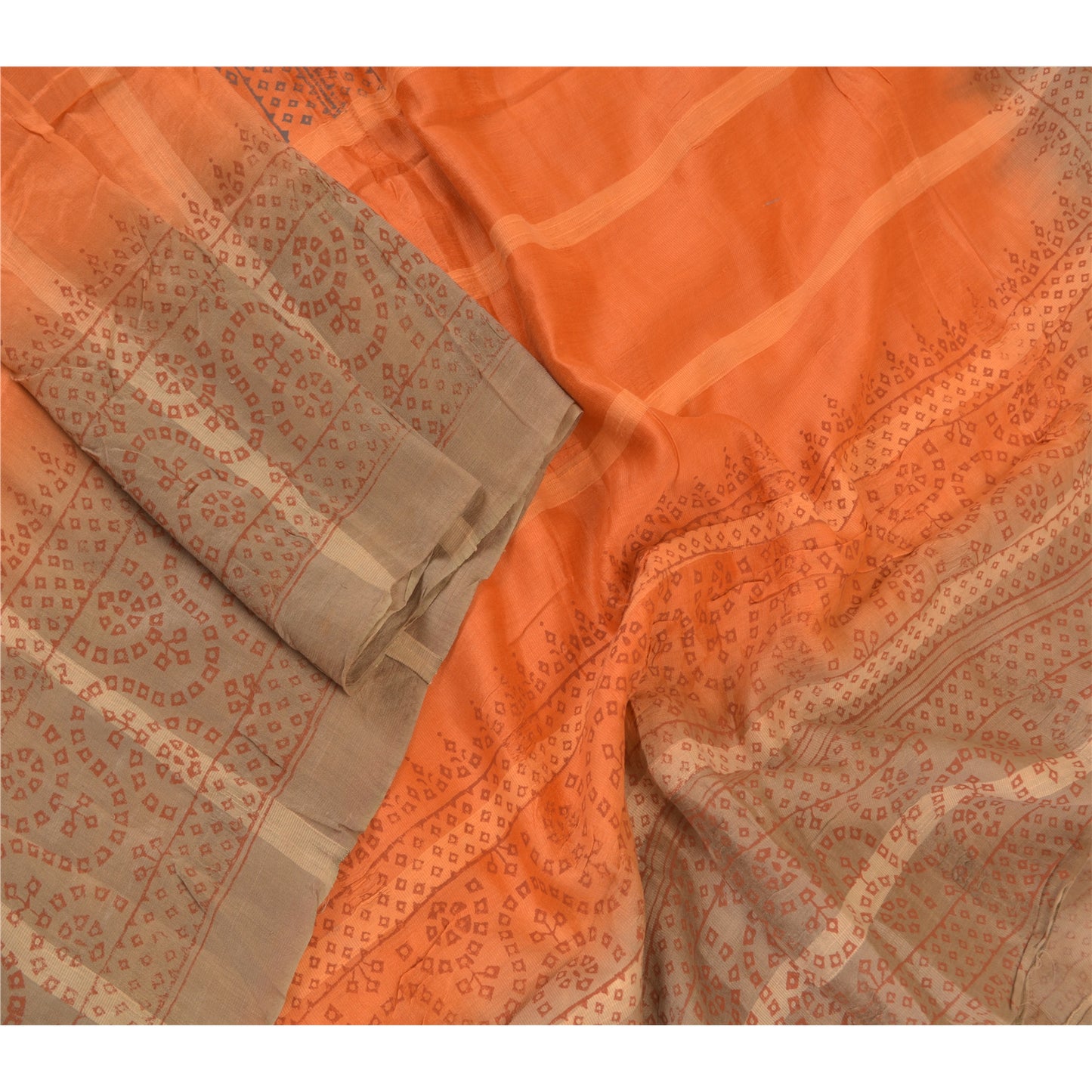 Sanskriti Vintage Dupatta Long Stole Pure Silk Orange Veil Block Printed Hijab