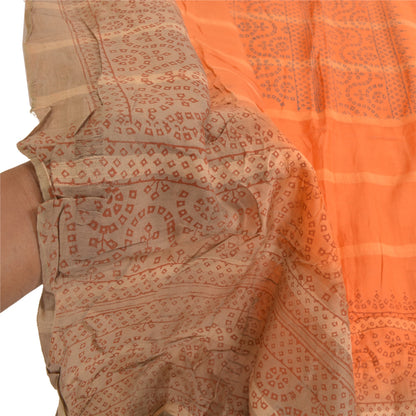 Sanskriti Vintage Dupatta Long Stole Pure Silk Orange Veil Block Printed Hijab