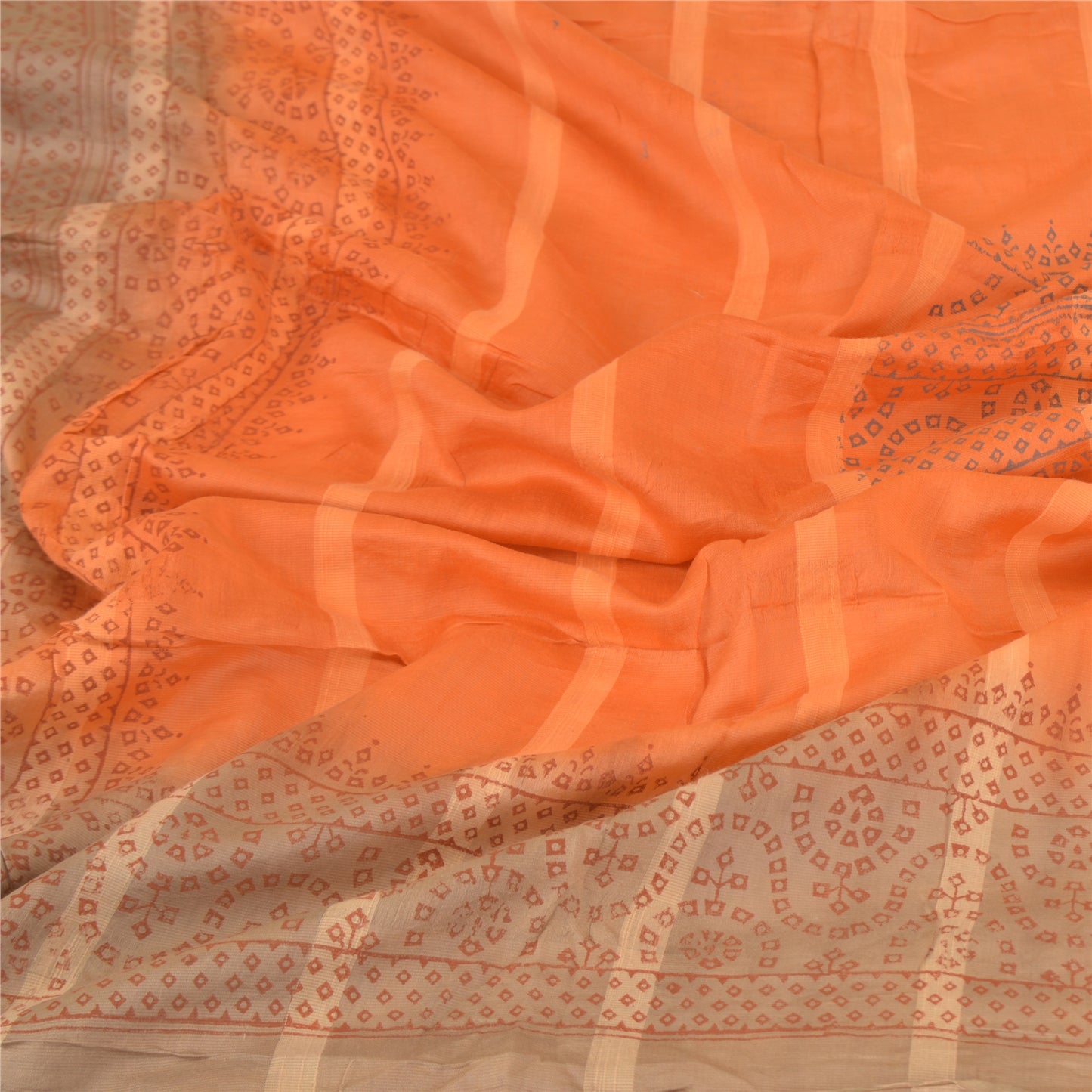 Sanskriti Vintage Dupatta Long Stole Pure Silk Orange Veil Block Printed Hijab