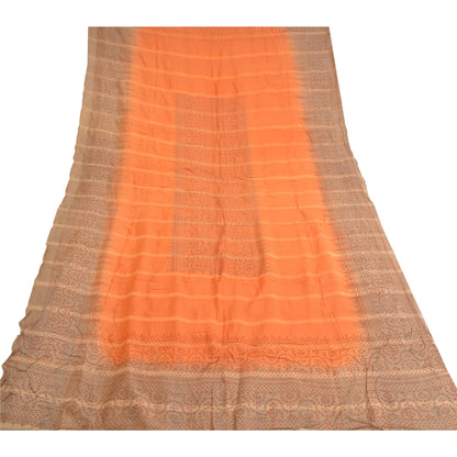Sanskriti Vintage Dupatta Long Stole Pure Silk Orange Veil Block Printed Hijab